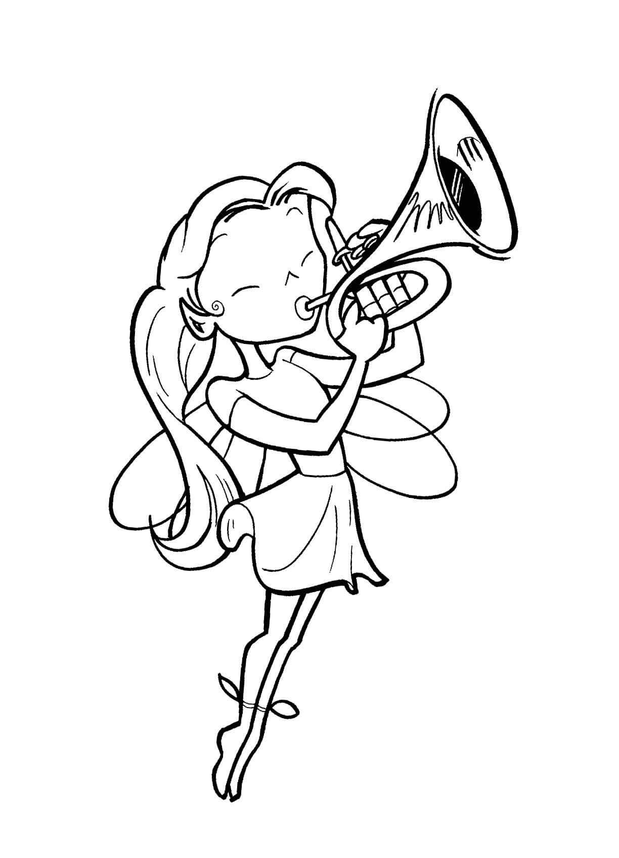 Coloriage Fée jouant de la trompette