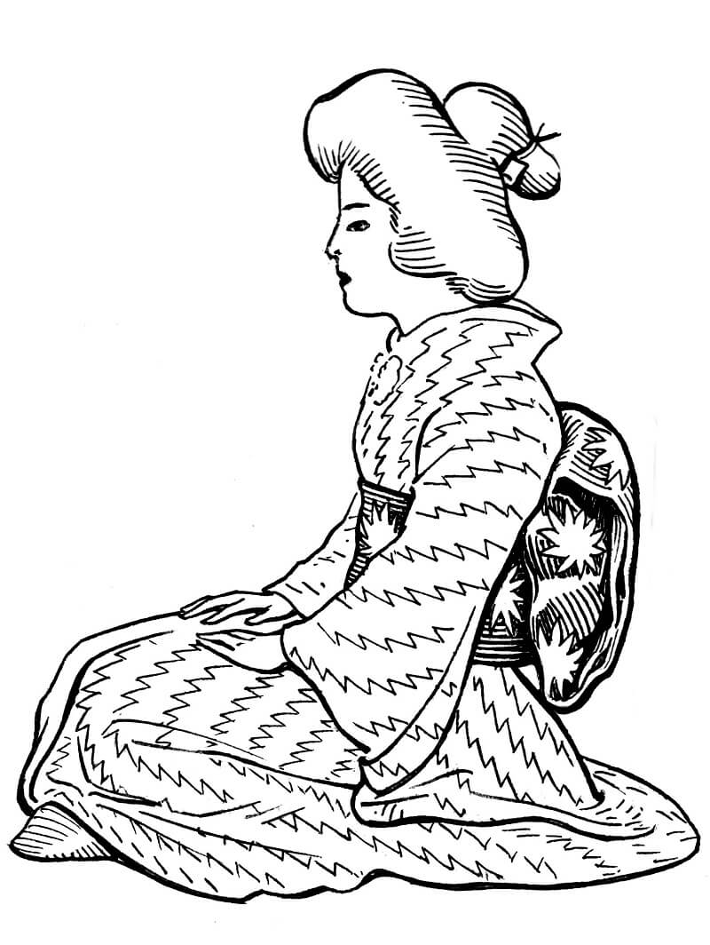 Coloriage Femme japonaise en kimono avec ceinture obi
