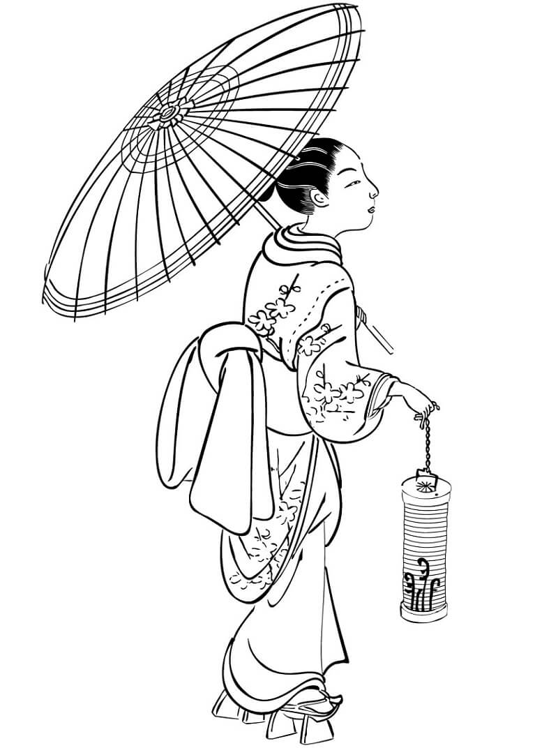 Coloriage Femme japonaise sous ombrelle
