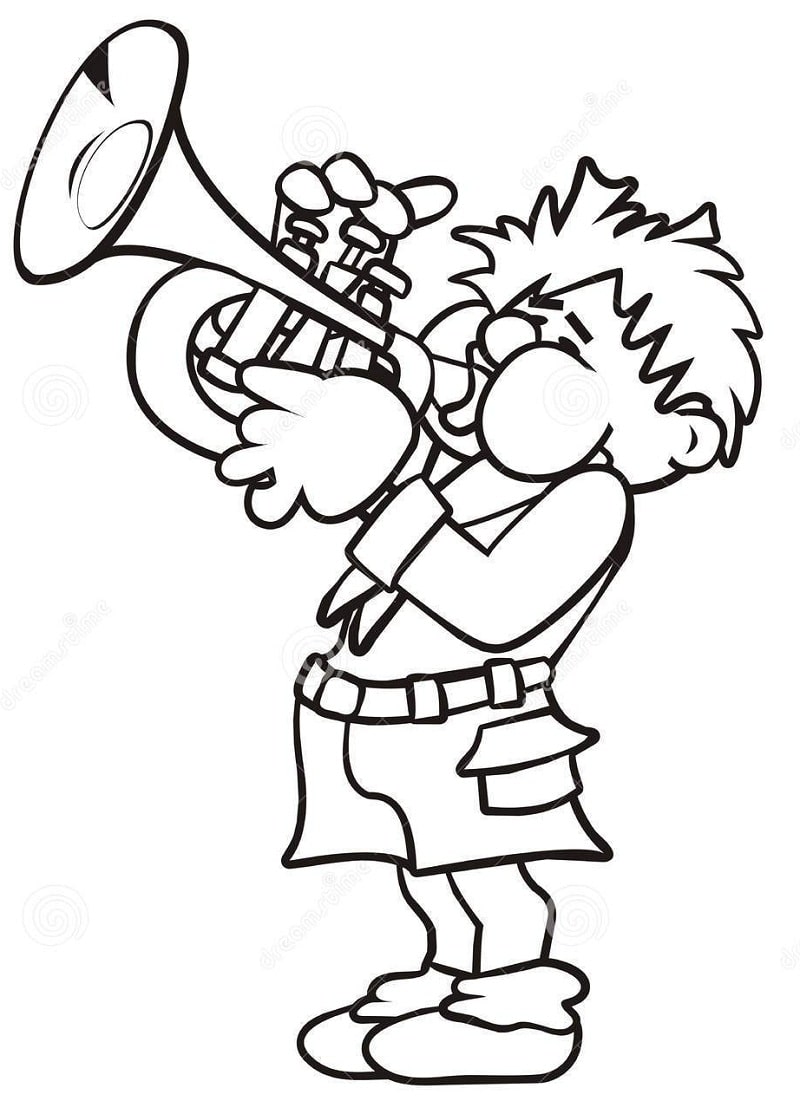 Coloriage Garçon Jouant de la Trompette 1 à imprimer