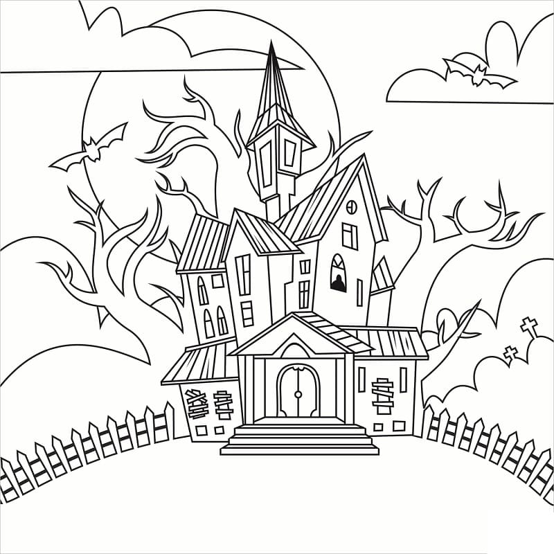 Coloriage maison hantée d’halloween 3 à imprimer