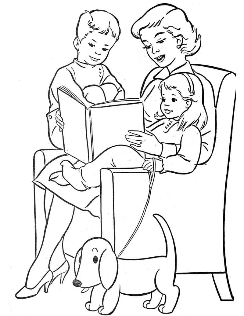 Coloriage Mère lisant une histoire à ses enfants à imprimer