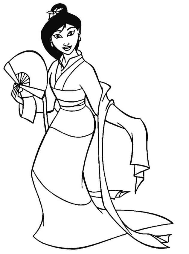 Coloriage Mulan avec éventail 1