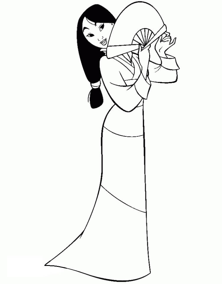 Coloriage Mulan avec éventail