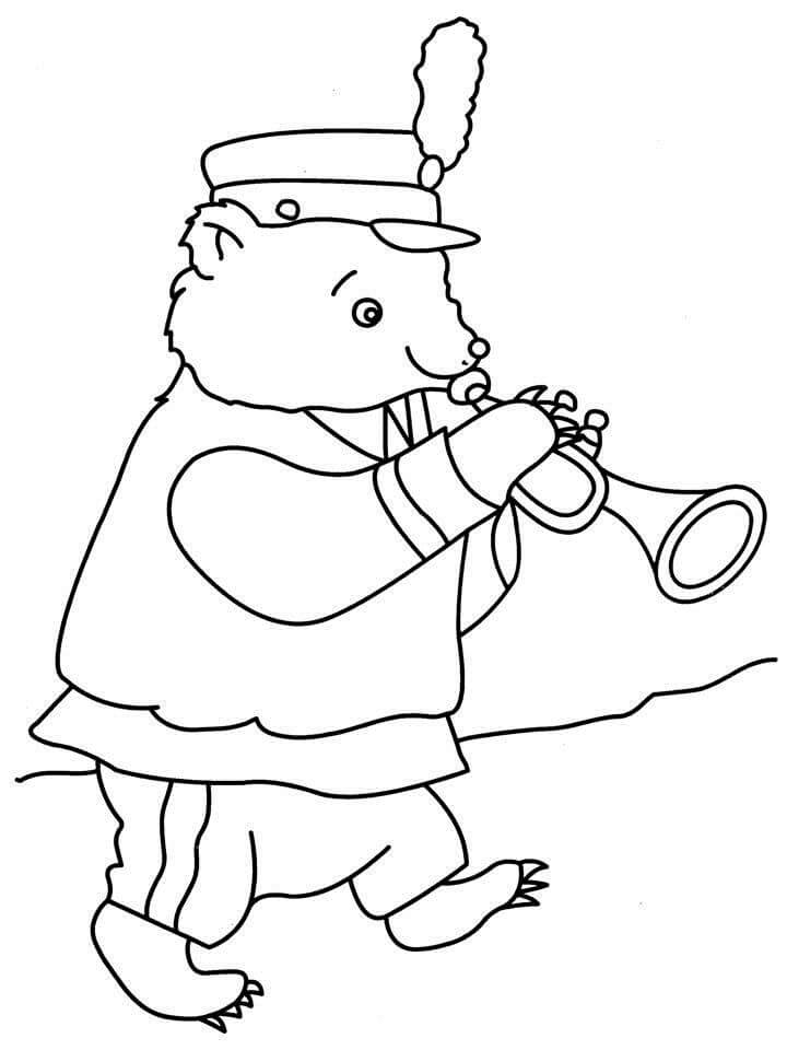 Coloriage Ours de dessin animé jouant de la trompette