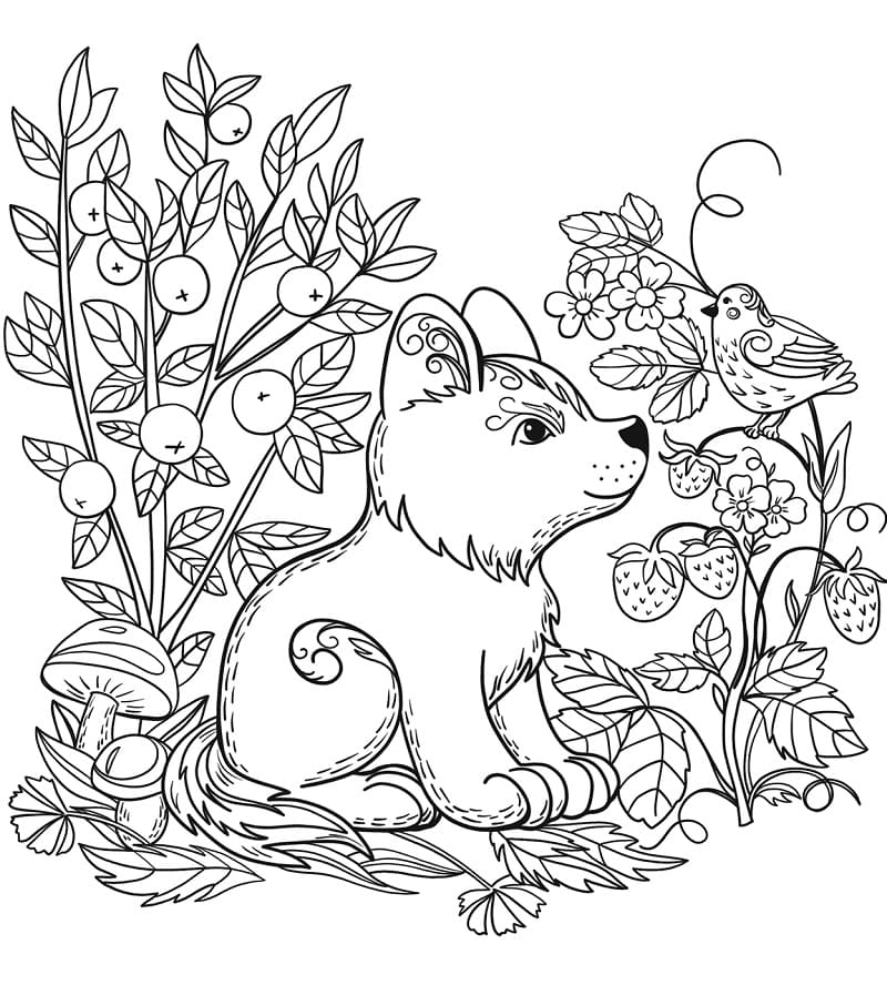 Coloriage petit chien dans la forêt à imprimer