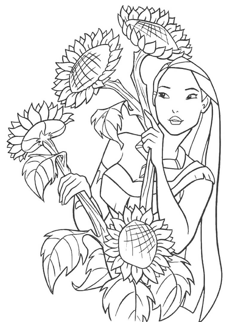 Coloriage Pocahontas avec des fleurs à imprimer
