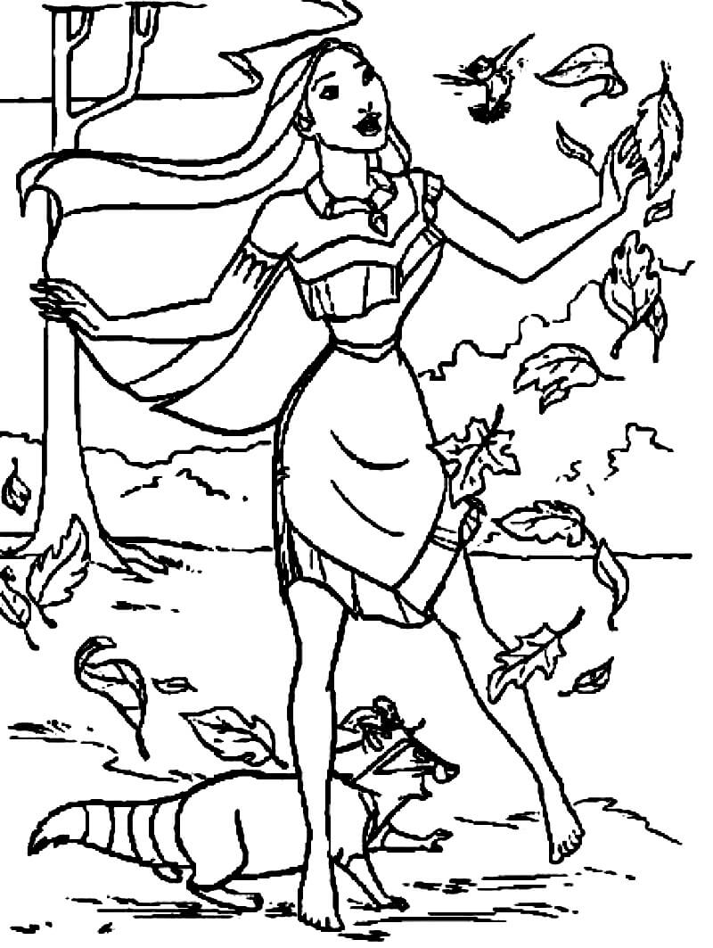 Coloriage Pocahontas avec Flit et Meeko à imprimer