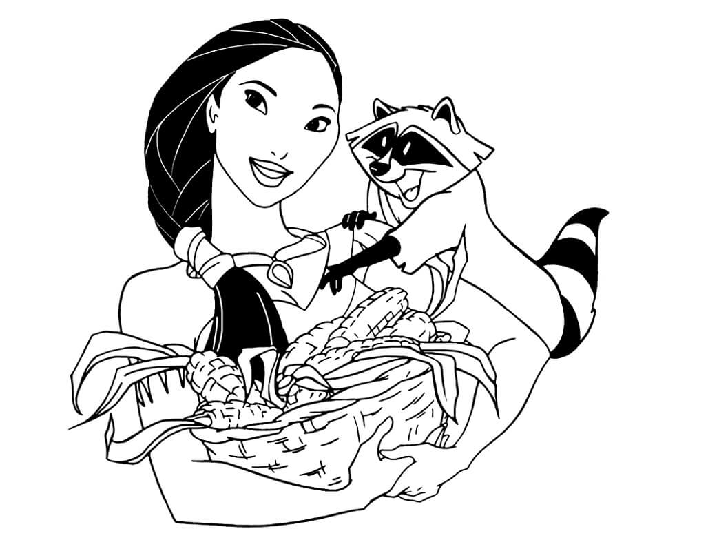 Coloriage Pocahontas avec Meeko à imprimer