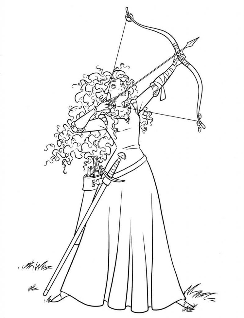 Coloriage Princesse Merida avec arc et flèche 2 à imprimer