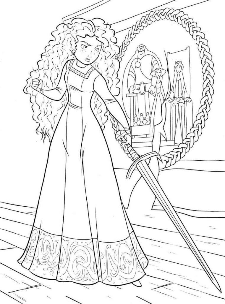 Coloriage Princesse Merida avec épée à imprimer