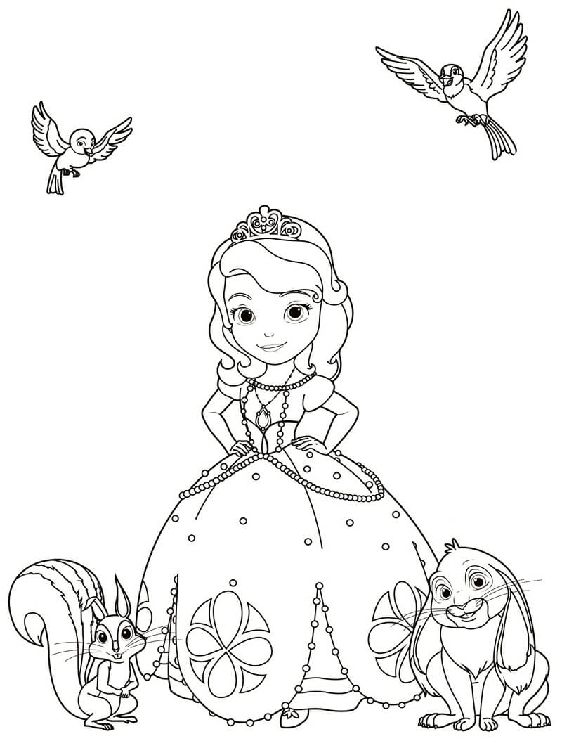 Coloriage Princesse Sofia avec des animaux 1 à imprimer