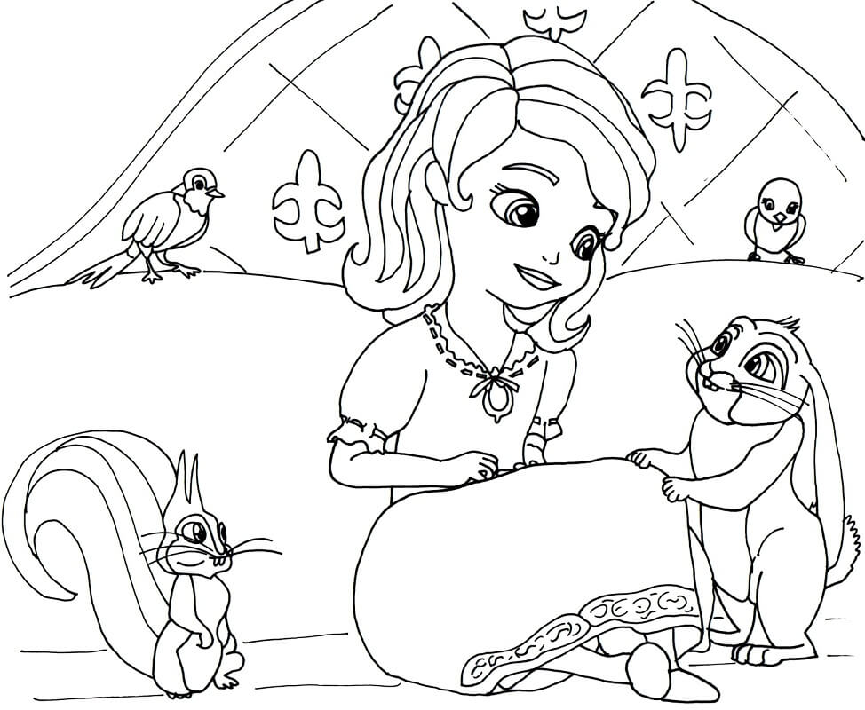 Coloriage Princesse Sofia avec des animaux à imprimer