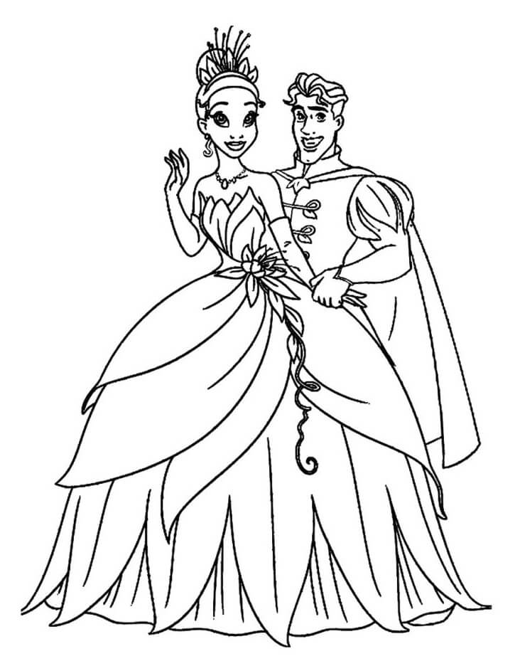 Coloriage Princesse Tiana et Prince à imprimer
