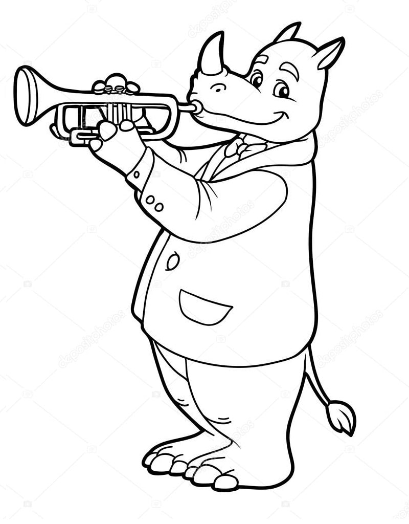 Coloriage Rhinocéros Jouant de la Trompette