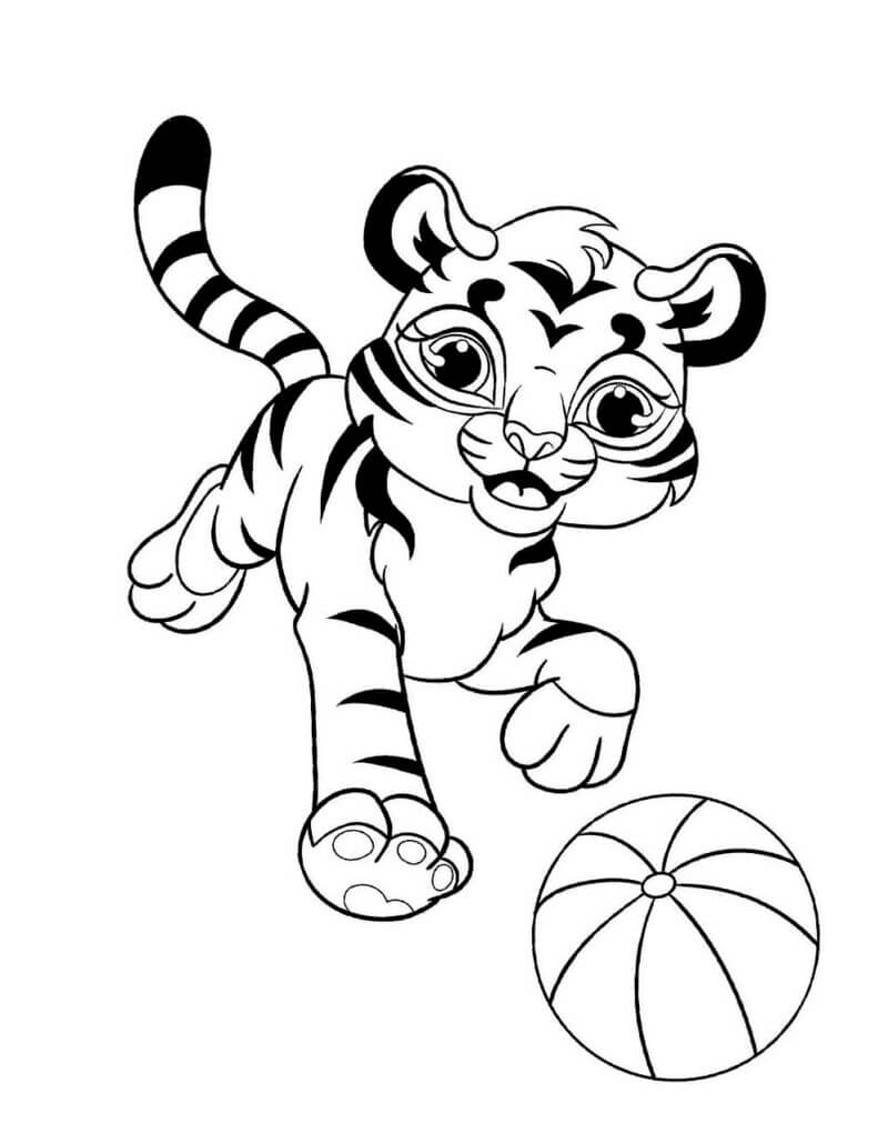 Coloriage Tigre jouant avec le ballon