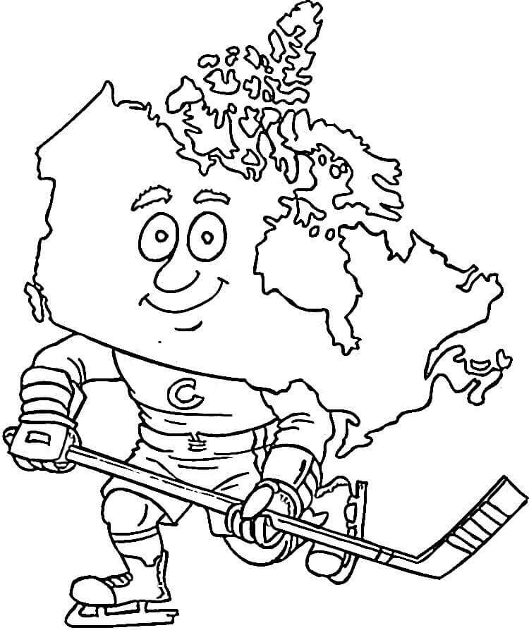Coloriage Carte du Canada qui joue au hockey à imprimer