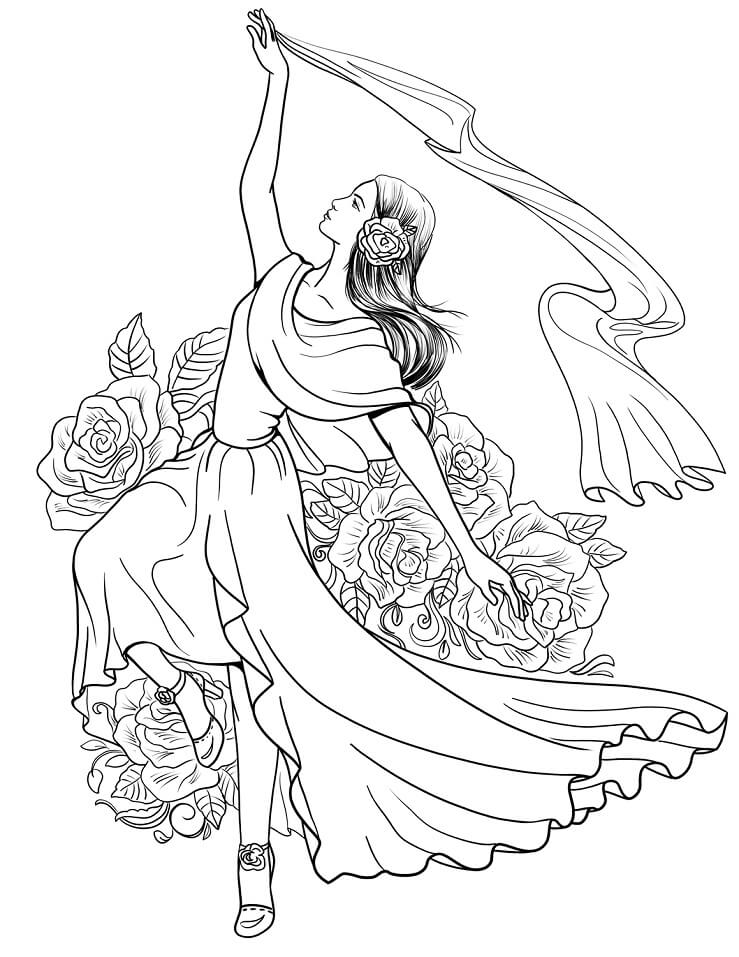 Coloriage Femme Espagnole Dansant Le Flamenco à imprimer