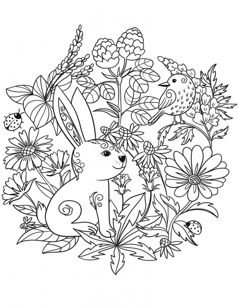 Coloriage lapin et oiseau dans la forêt à imprimer