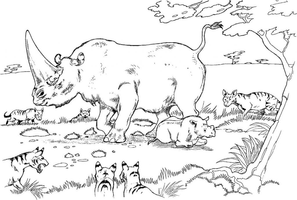 Coloriage bébé et mère rhinocéros encerclés par des hyènes à imprimer