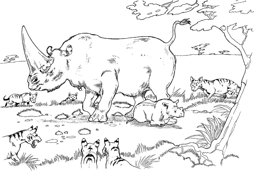 Coloriage bébé et mère rhinocéros encerclés par des hyènes