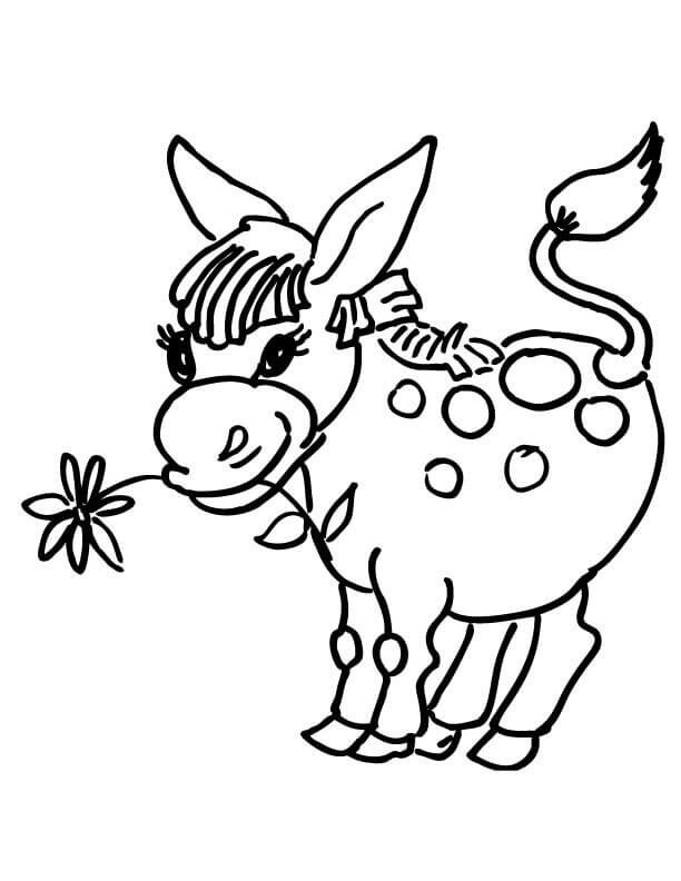 Coloriage petit âne avec fleur dans la gueule à imprimer