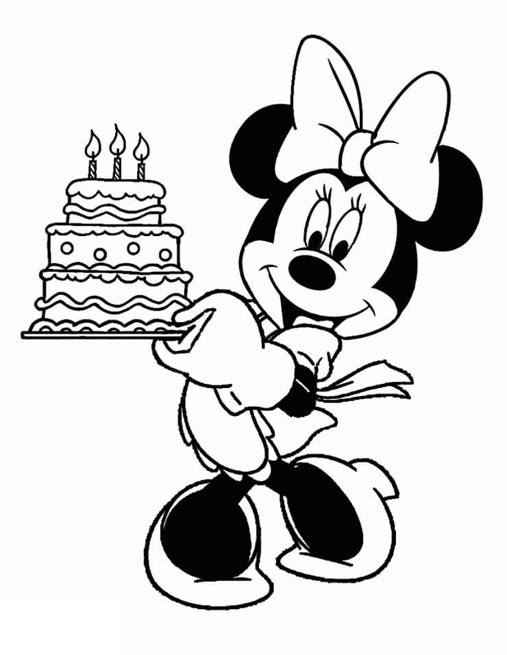 Coloriage minnie mouse et gâteau d’anniversaire à imprimer