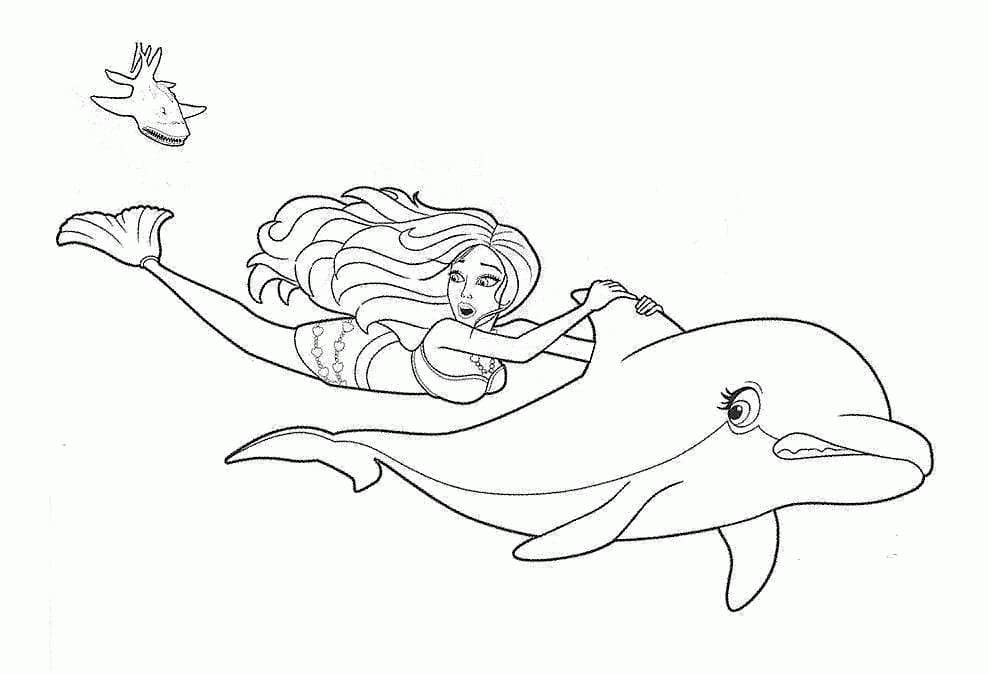 Coloriage barbie sirène avec dauphin