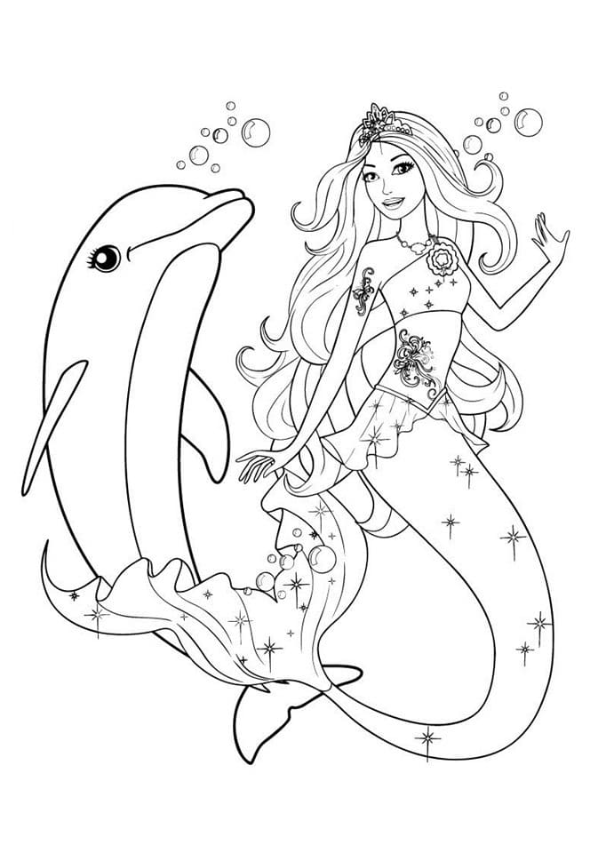 Coloriage barbie sirène et dauphin