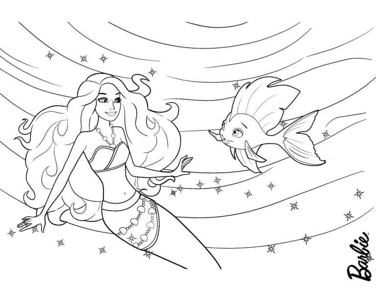 Coloriage barbie sirène et poisson