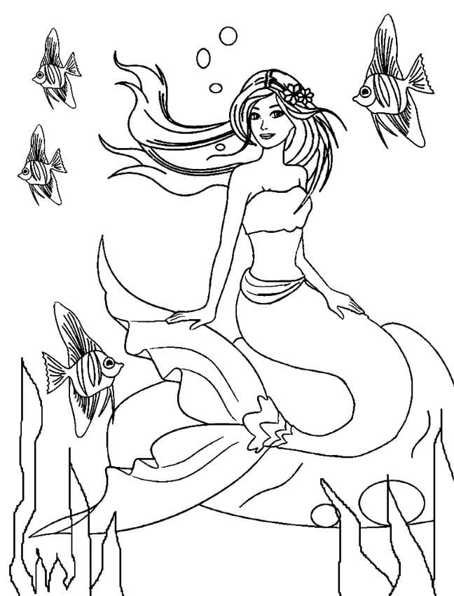 Coloriage barbie sirène et poissons