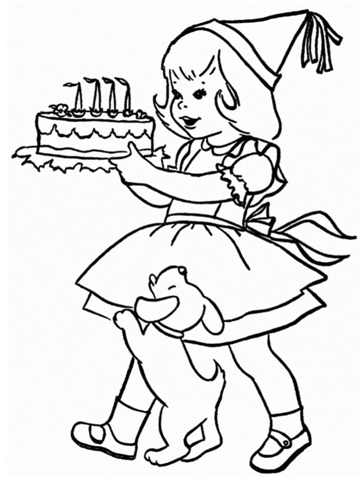 Coloriage Fille et Gâteau D'anniversaire
