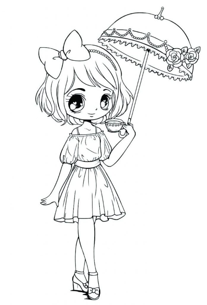 Coloriage fille kawaii avec parapluie à imprimer