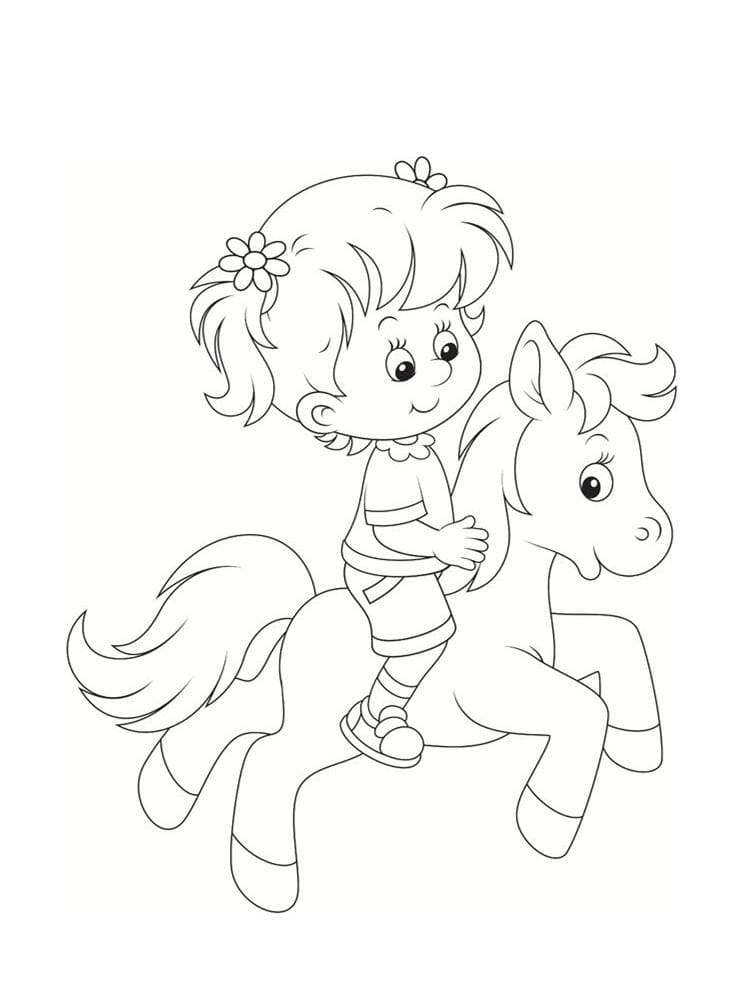 Coloriage fillette sur un poney à imprimer