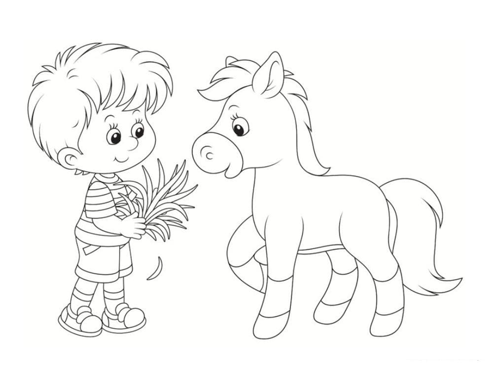 Coloriage garcon donne a manger au poney à imprimer