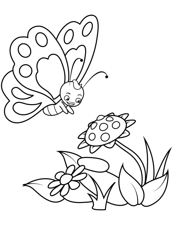 Coloriage joli papillon et fleur à imprimer