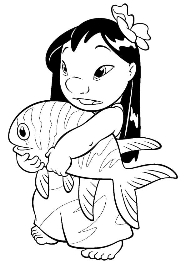 Coloriage lilo avec un poisson