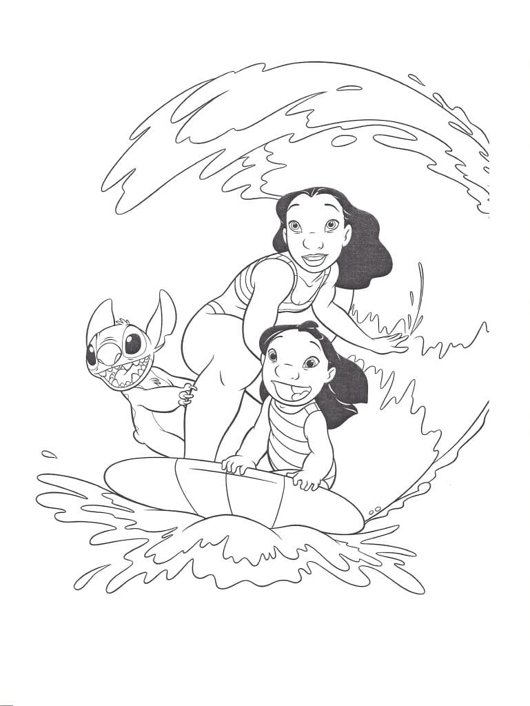 Coloriage lilo, stitch et nani qui font du surf