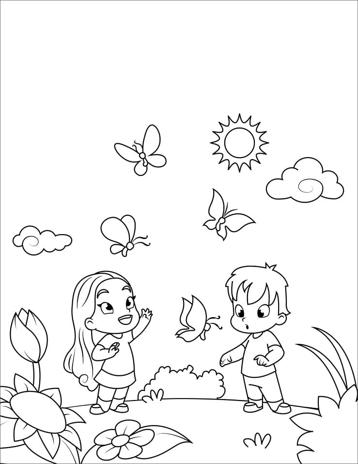 Coloriage paysage de printemps 2