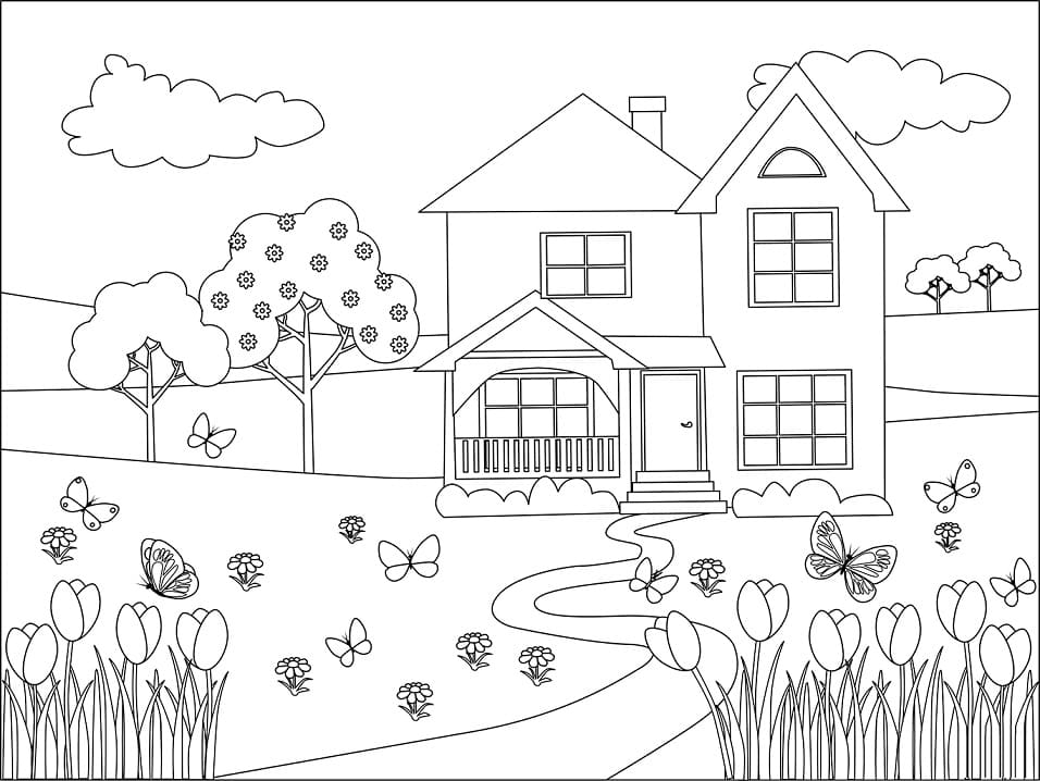 Coloriage paysage de printemps