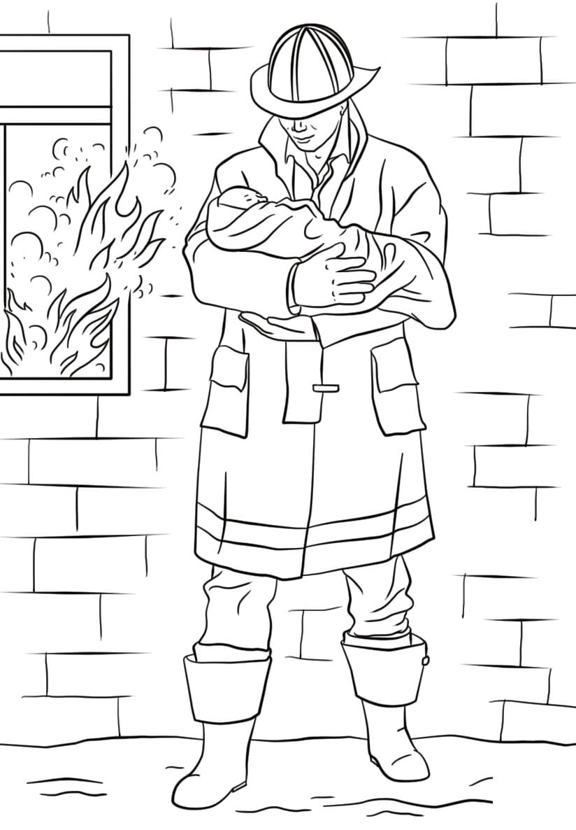 Coloriage un pompier sauve un bébé à imprimer