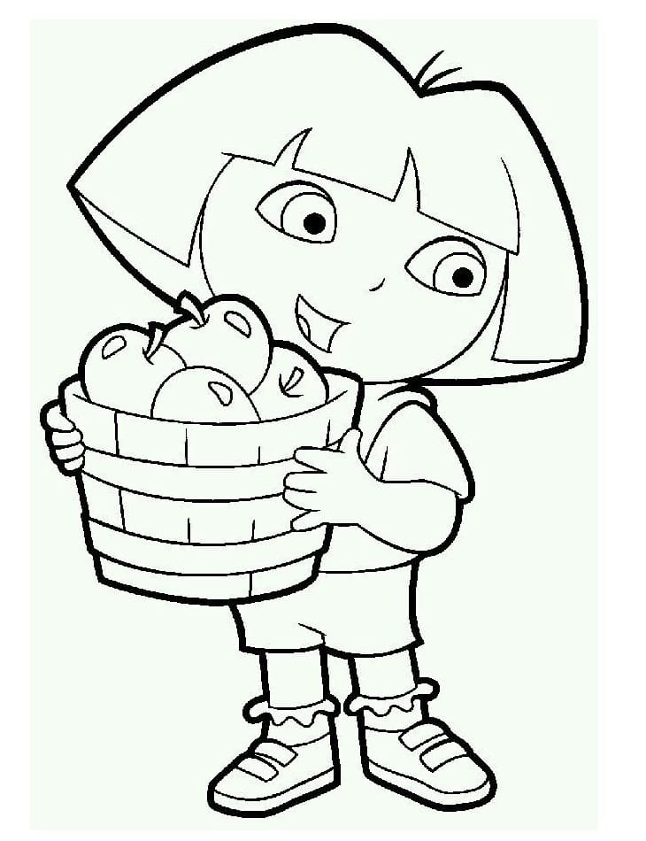 Coloriage dora et panier de pommes