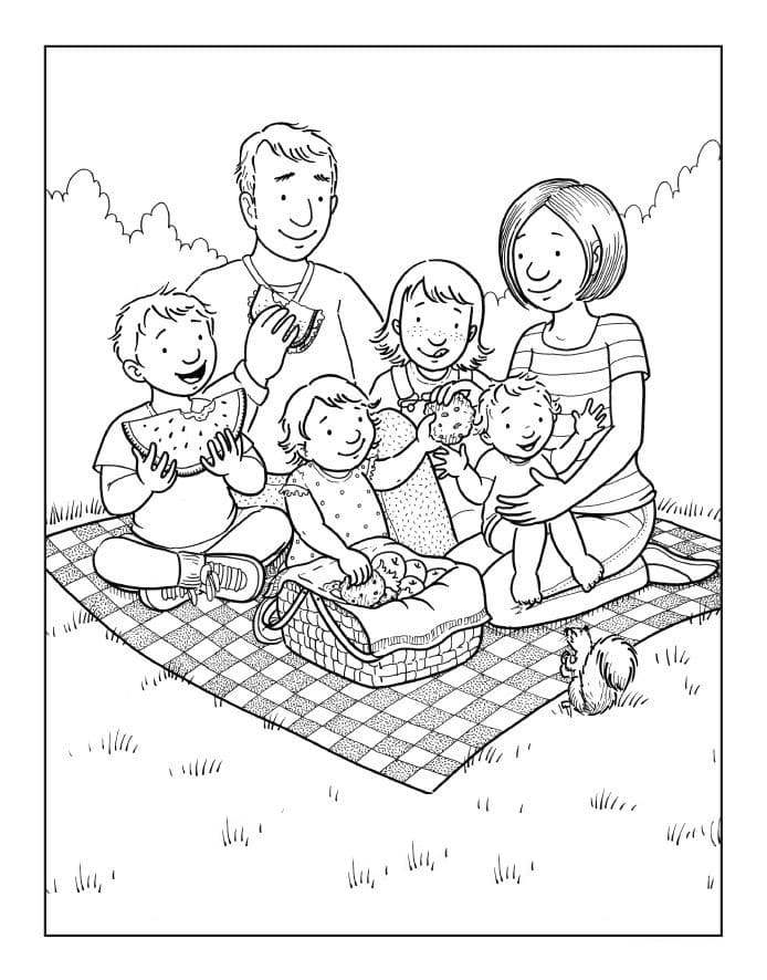 Coloriage famille en pique-nique à imprimer