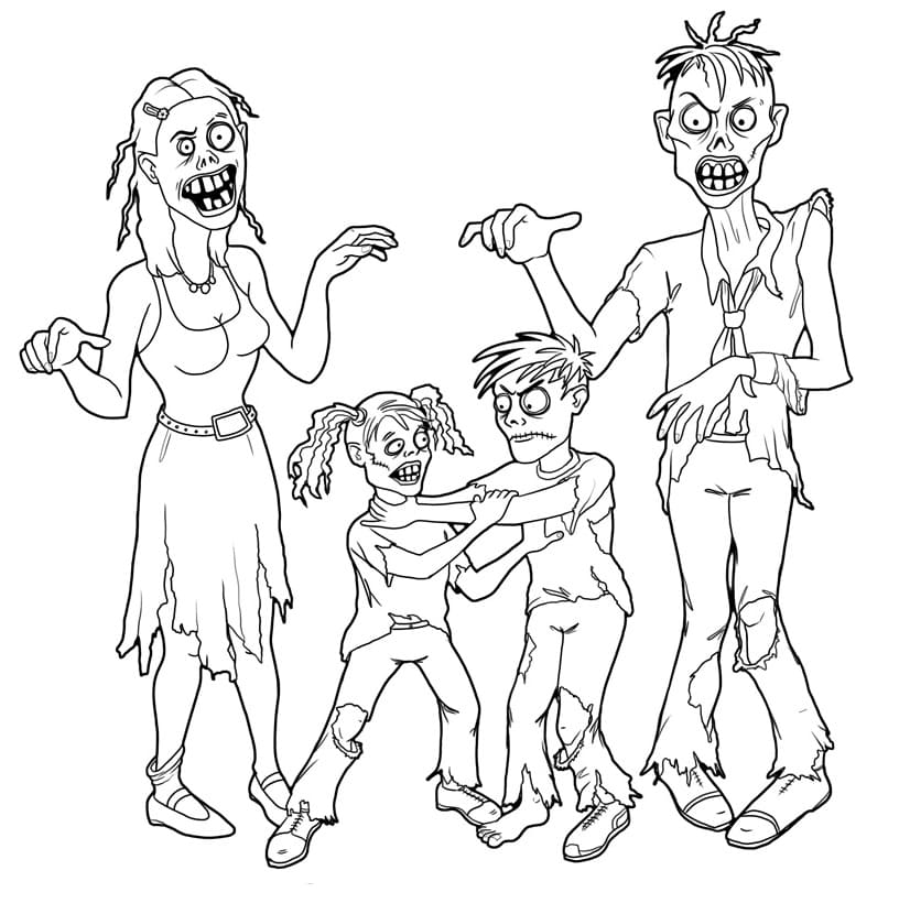 Coloriage zombie familial à imprimer