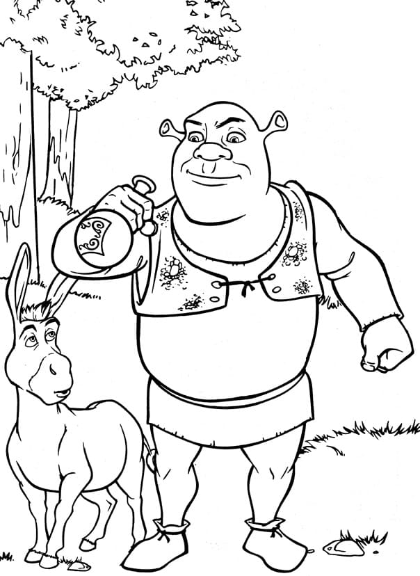 Coloriage shrek et l'âne en forêt