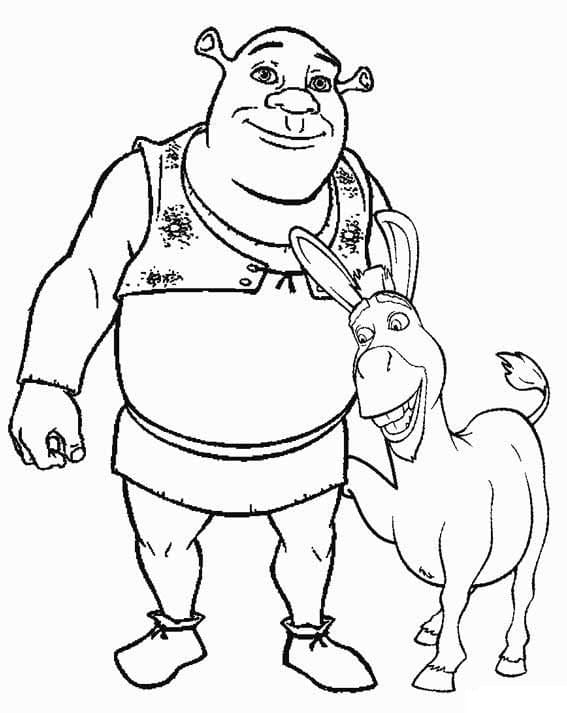 Coloriage shrek et l'âne souriant