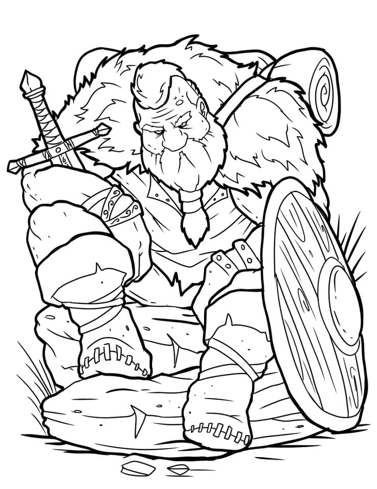 Coloriage viking avec épée et bouclier à imprimer