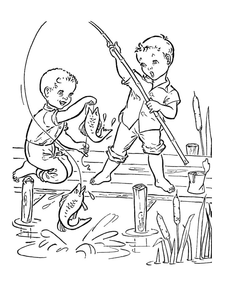 Coloriage garçons de pêche à imprimer
