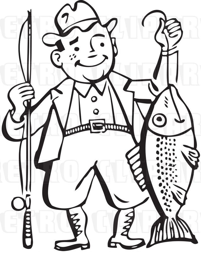 Coloriage homme avec gros poisson