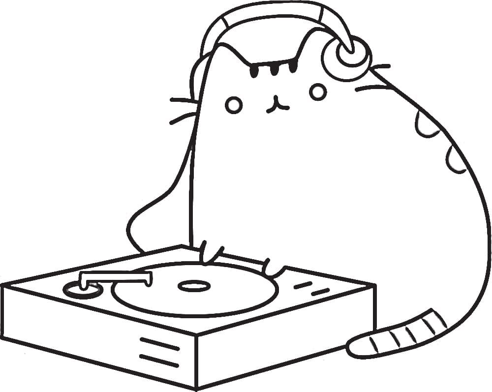 Coloriage pusheen écoutant de la musique